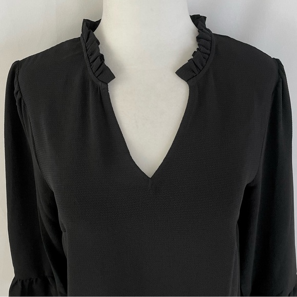 New CeCe Ruffle Cuff 3/4 Sleeve V-Neck Crepe Blouse Rich Black Size XS - Picture 5 of 16